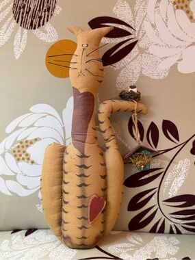 Handmade vintage Rustic Tiger Cat Plush with Heart Accent